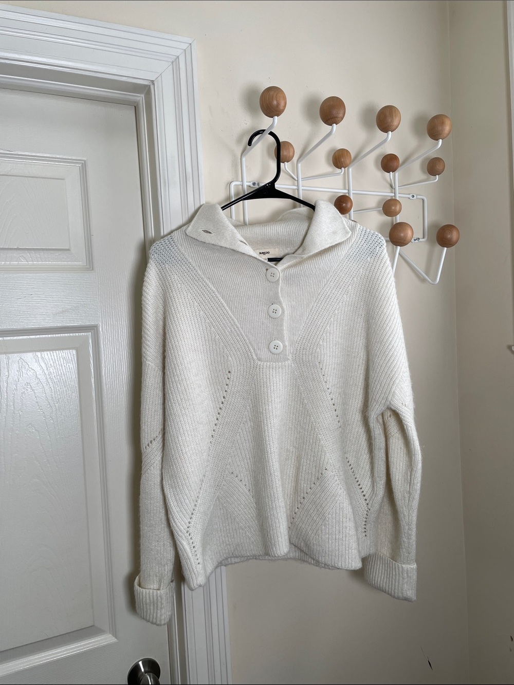 SUNCOO Cowl Turtleneck Sweater Button-Front Cream T2